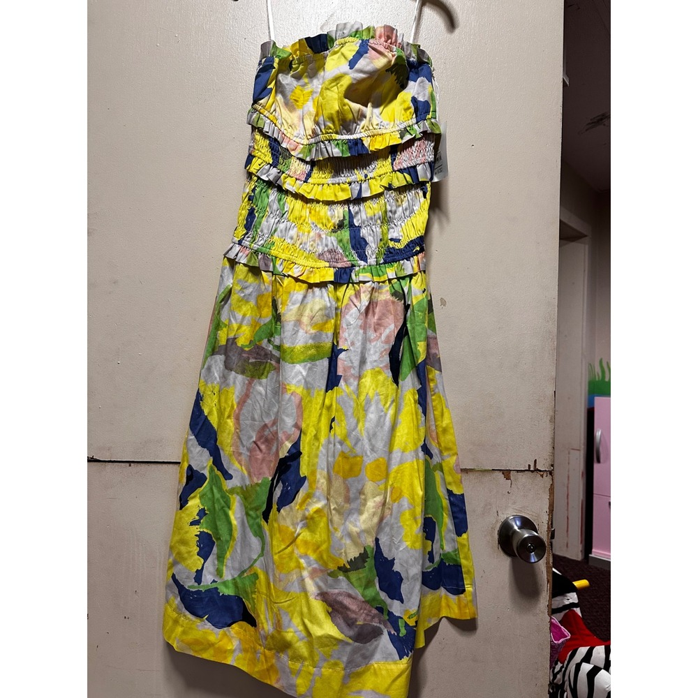 Free Assembly Women Strapless Smocked Midi Dress Tennis Ball Green Floral XS 0-2